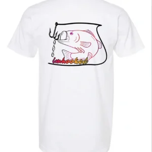 A white t-shirt with a drawing of a fish on it.