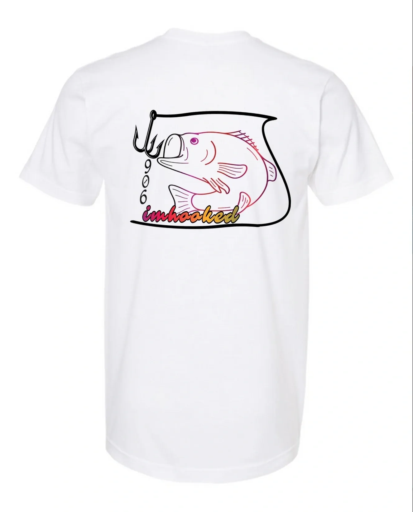 A white t-shirt with a drawing of a fish on it.