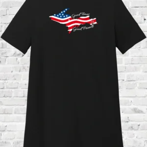 A black t-shirt with an american flag on it.