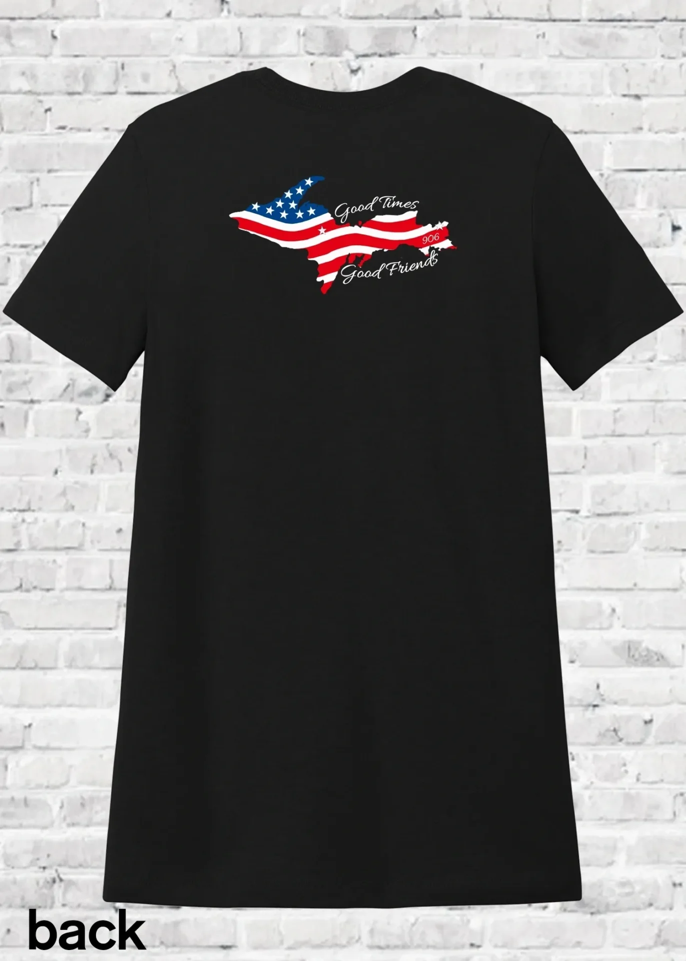 A black t-shirt with an american flag on it.