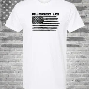A white t-shirt with an american flag on it.