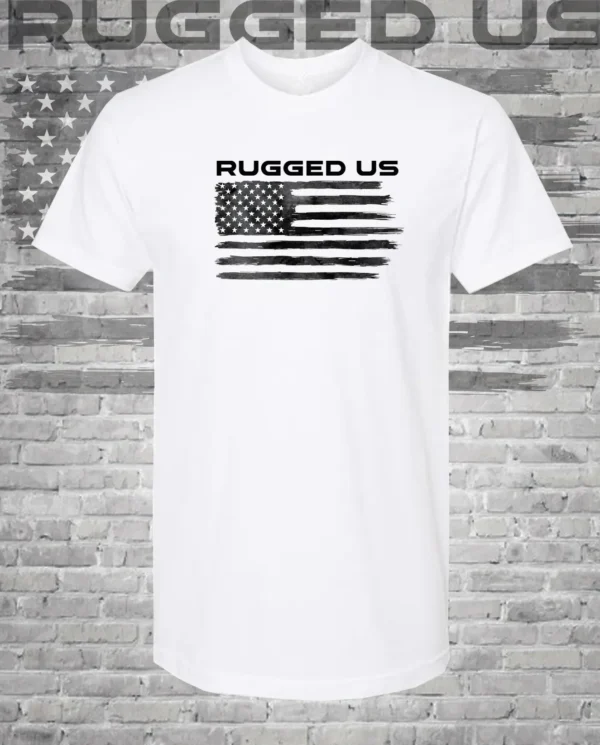 A white t-shirt with an american flag on it.