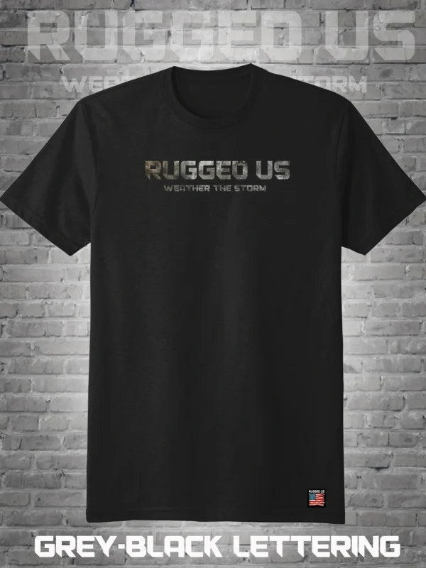 A black t-shirt with the words rugged us written in silver.