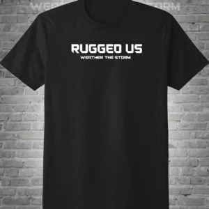 A black t-shirt with the words rugged us written in white.
