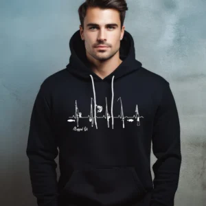 A man wearing a black hoodie with white writing.