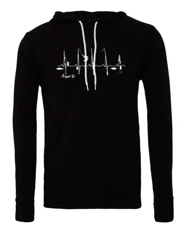 A black hoodie with an ekg heartbeat on it.