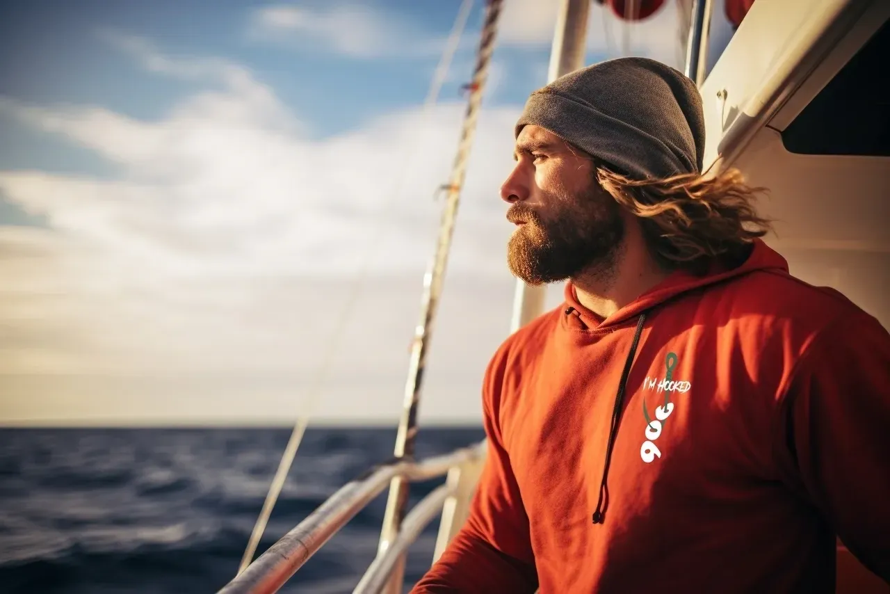 A man in an orange shirt on a boat.