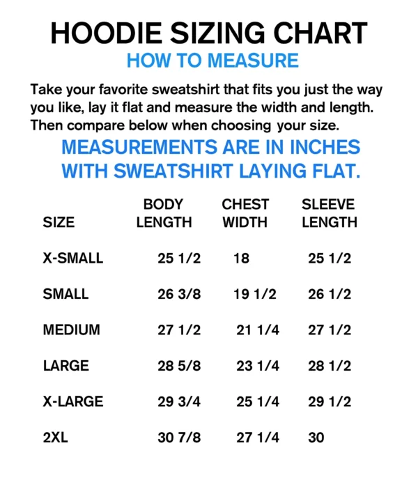 A chart showing the size of a hoodie.