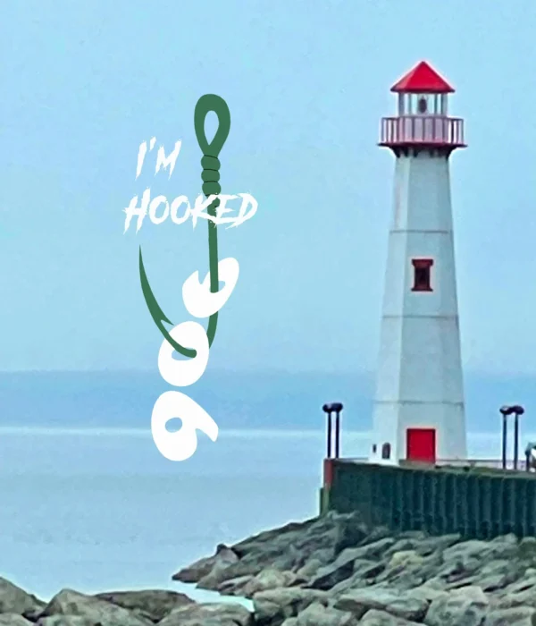 A lighthouse with the words " i 'm hooked ".