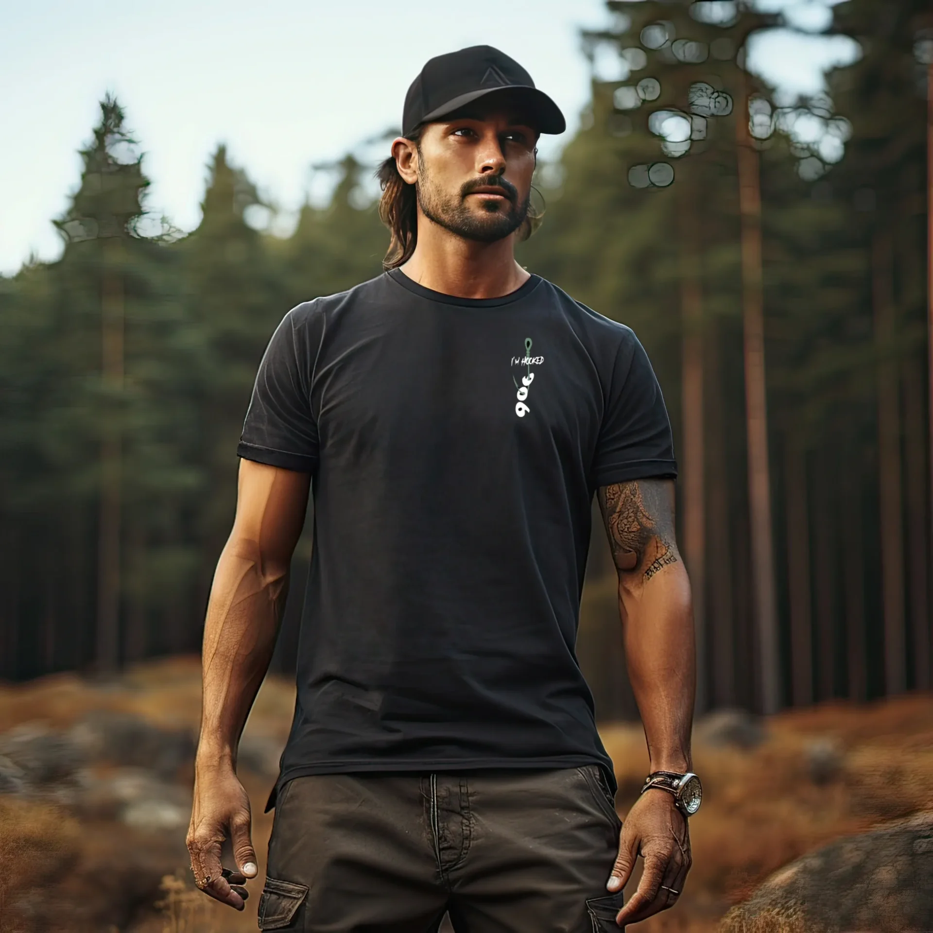 A man in black shirt and hat standing on top of a hill.