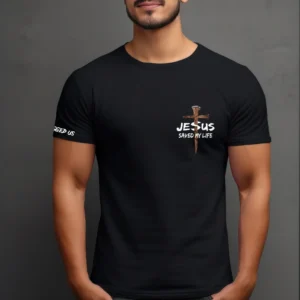 A man wearing a black shirt with jesus on it.