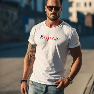 A man with sunglasses and jeans standing on the street.