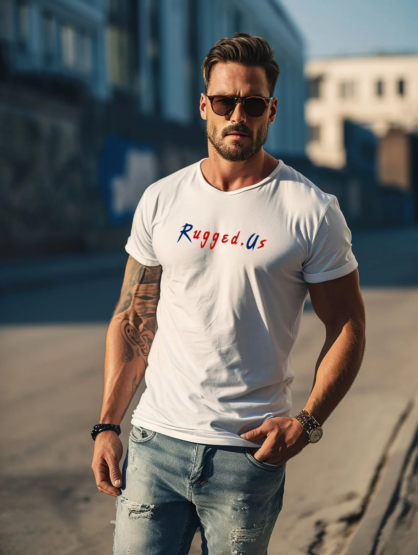 A man with sunglasses and jeans standing on the street.