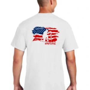 A man wearing white shirt with american flag on it.