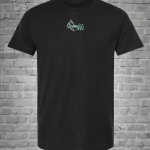 A black t-shirt with a green logo on it.