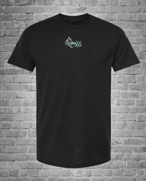 A black t-shirt with a green logo on it.