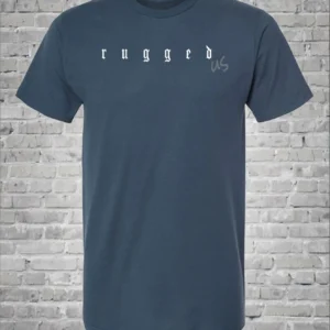 A blue shirt with the word rugged on it.