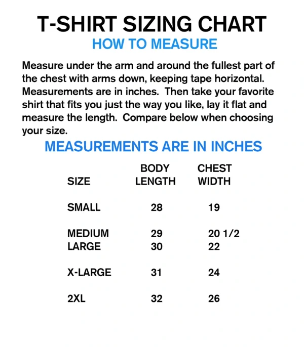 A t-shirt sizing chart showing the size of each item.