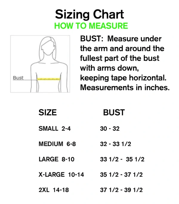 A size chart showing how to measure for the bust.