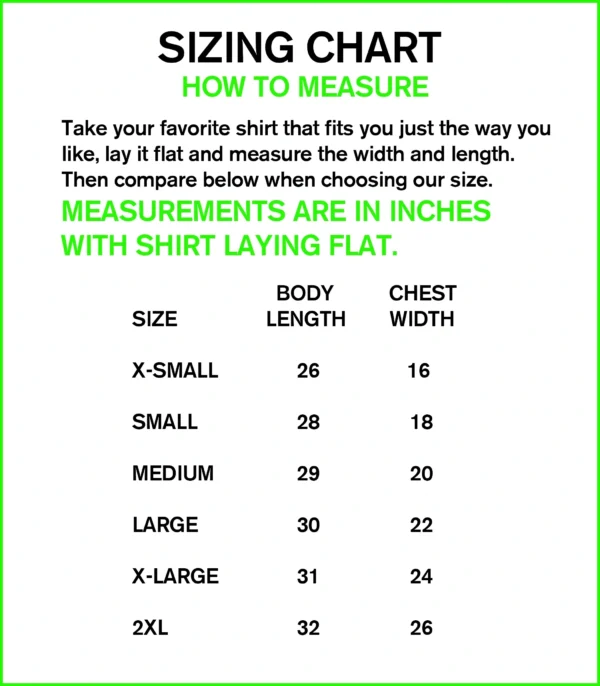 A size chart for the shirt laying flat.