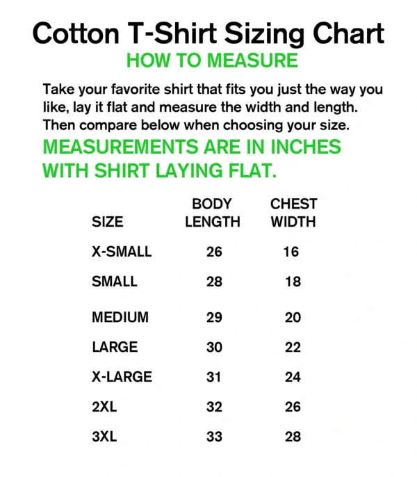 A t shirt size chart showing the measurements for each item.