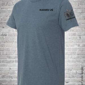 Rugged Flag and Cross on Sleeve Men's Grey or Indigo Blue T-Shirt