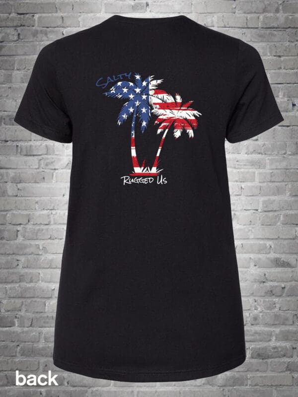 A black t-shirt with an american flag palm tree on it.