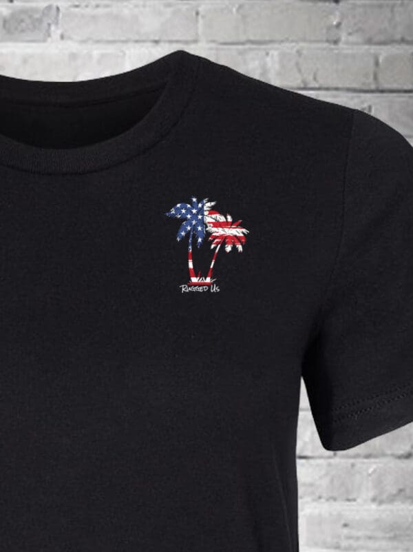 A black t-shirt with an american flag and palm tree on it.