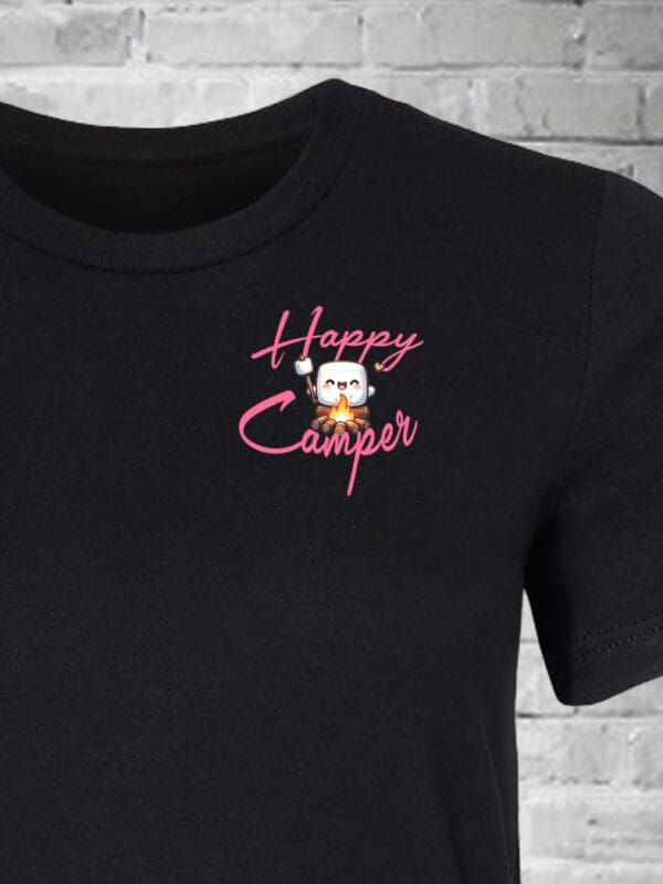 A black t-shirt with the words happy camper embroidered on it.