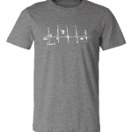 A gray t-shirt with four different sailboats on it.