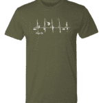 A green t-shirt with a drawing of four boats.