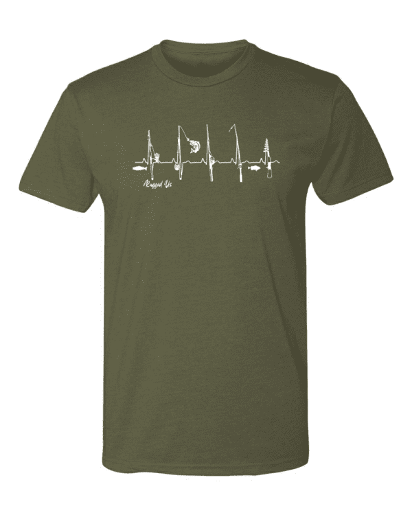 A green t-shirt with a drawing of four boats.