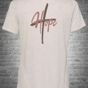 A white t-shirt with the word hope written in red.