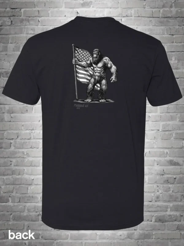 A black t-shirt with an image of a man holding a flag.