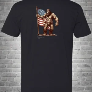 A black t-shirt with an image of a man holding a flag.
