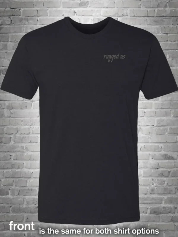 A black t-shirt with the words " powered by " written on it.