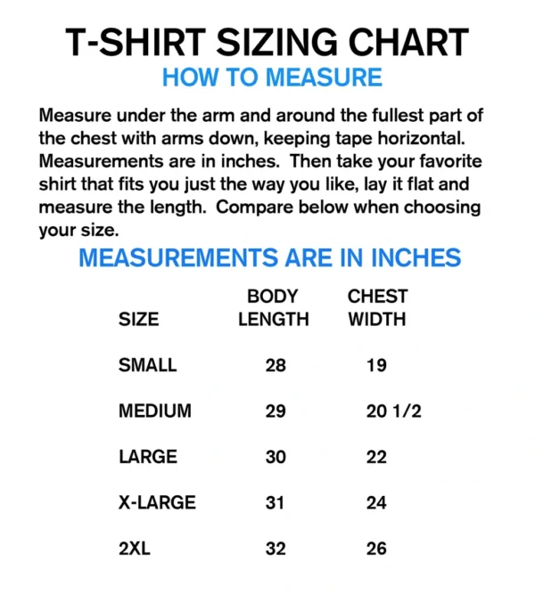 A t-shirt sizing chart showing the size of each item.