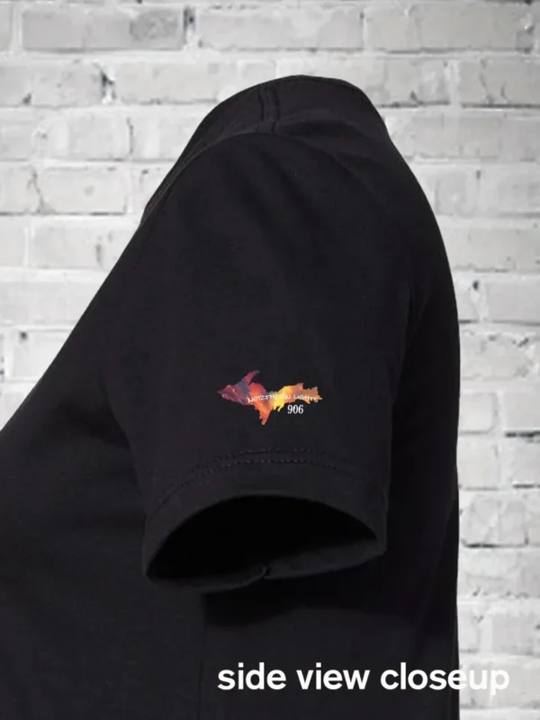 A black t-shirt with a colorful logo on it.