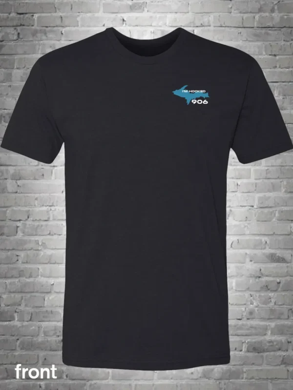 A black t-shirt with a blue fish on the front.