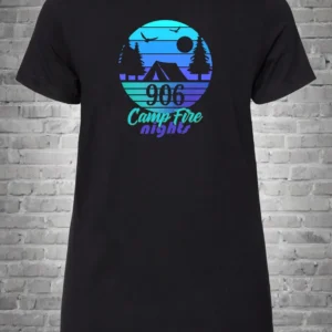 A black t-shirt with the words camp fire night on it.