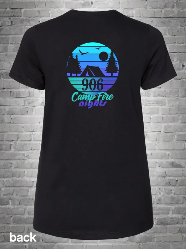 A black t-shirt with the words camp fire night on it.