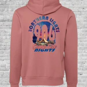 A pink hoodie with the words " northern lights 9 8 6 community nights ".