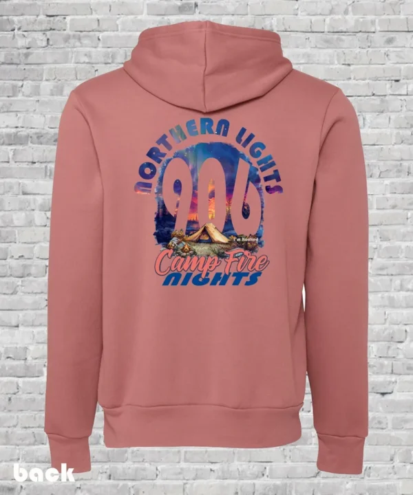 A pink hoodie with the words " northern lights 9 8 6 community nights ".