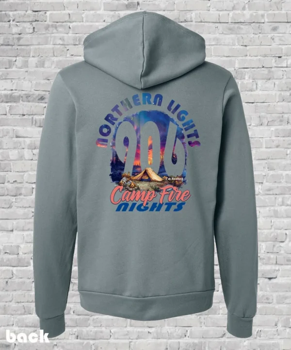 A gray hoodie with the words northern lights and 9 0 's nights printed on it.