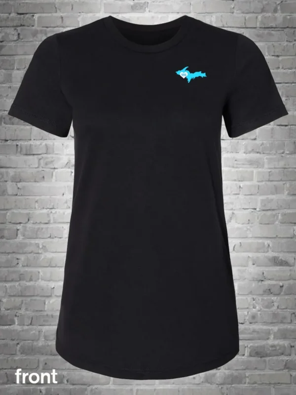 A black t-shirt with a blue logo on it.