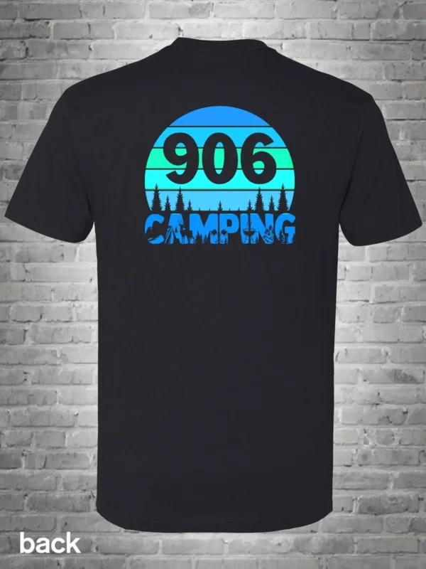 A black t-shirt with the number 9 0 6 camping on it.