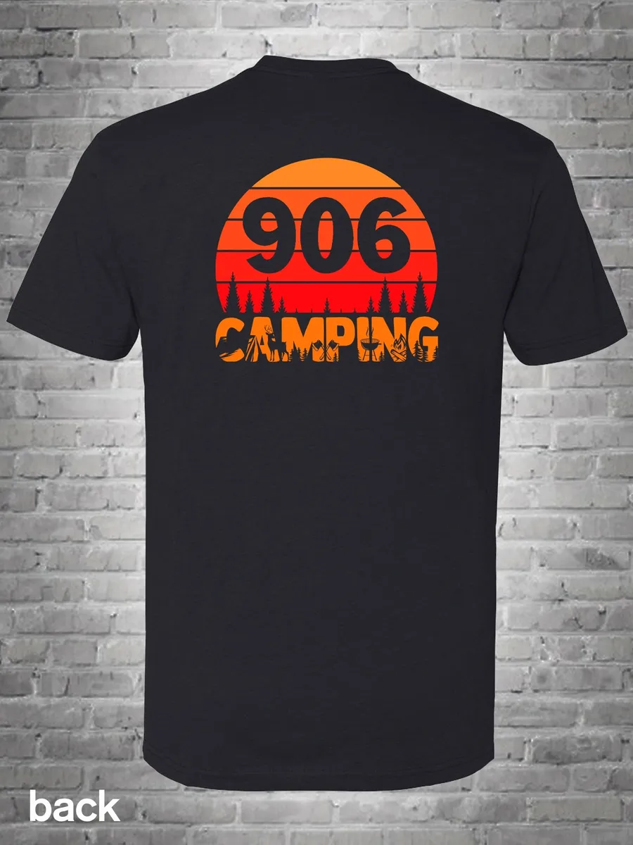 A black t-shirt with the number 9 0 6 camping on it.