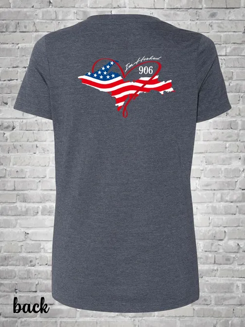 A t-shirt with an american flag and map of michigan.