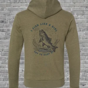 A tan hoodie with a fish on it.