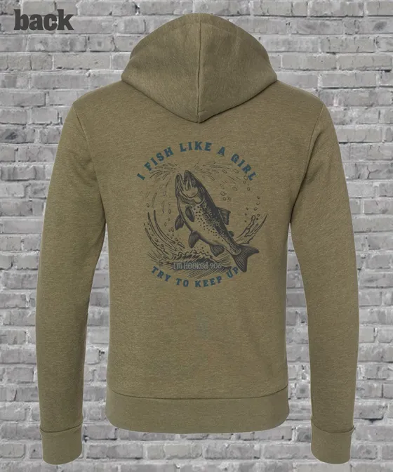 A tan hoodie with a fish on it.